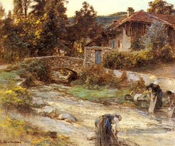  augustin - Lavandières à un ruisseau avec des bâtiments au delà des scènes rurales paysan Léon Augustin Lhermitte